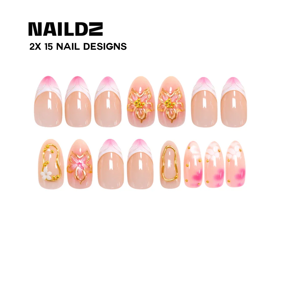 Golden Bloom Almond 3D NAILDZ Softgel Press On Nails (inkl. Klebesticker & Nagelkleber) - Image 4